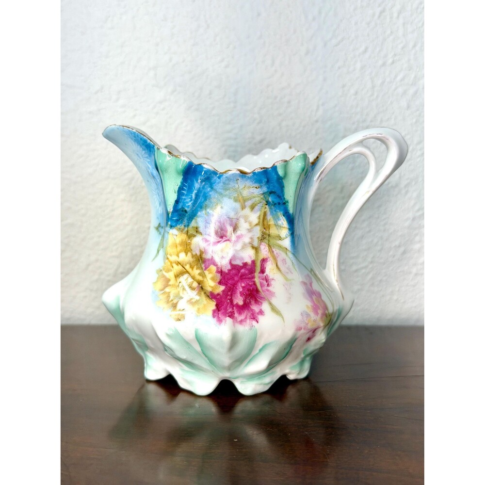 Antique RS Prussia Creamer Floral Porcelain Pitcher Footed Gold Gilt